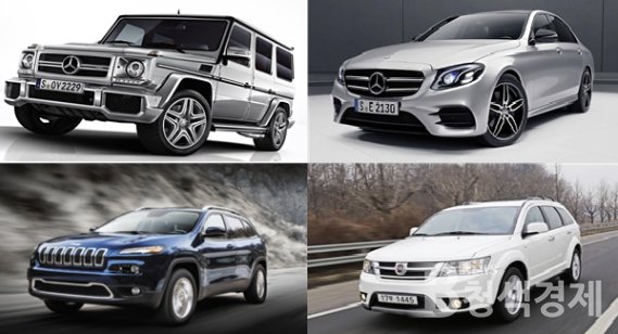 불법조작 차량 (위)벤츠 `G350d`, `E350d` (밑)피아트크라이슬러 `짚 체로키`, `피아트 프리몬트` (자료=환경부)