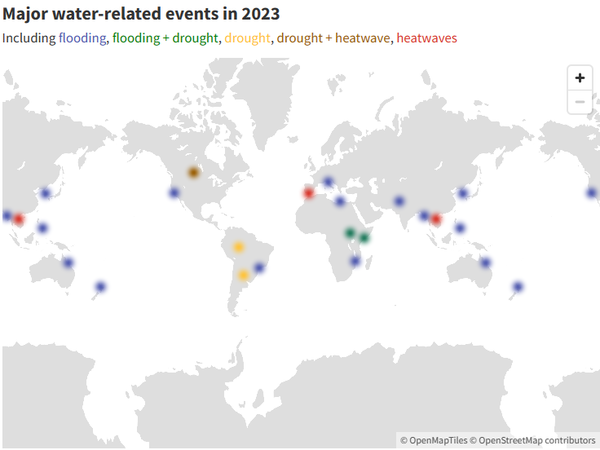 2023년 전 세계의 물 관련 사건을 색으로 표시했다. [그림=Global Water Monitor]