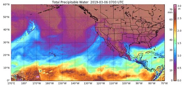 열대 태평양 상공에서 형성된 대기의 강이 미국 서해안으로 향하고 있다. [사진=NOAA]