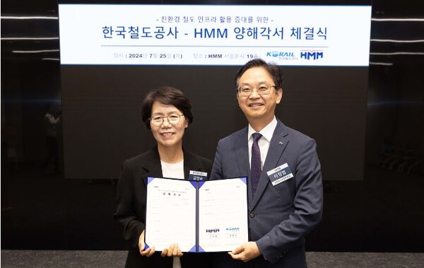 이정엽 HMM 컨테이너사업부문장(오른쪽)과 김양숙 코레일 물류사업본부장이 업무협약을 맺고 있다. 사진=HMM 제공