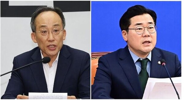 여야가 원내대표 회동에서 국회 기후특위 설치에 합의했다. 사진은 국민의힘 추경호 원내대표(왼쪽)와 더블어민주당 박찬대 원내대표.