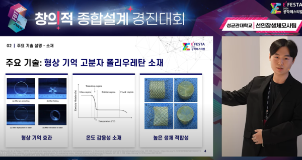 성균관대 선인장생체모사팀이 종합설계경진대회서 선인장 모사 마이크니들에 대해 프리젠테이션을 하고 있다. 사진=2024공학페스티벌 유튜브캡쳐