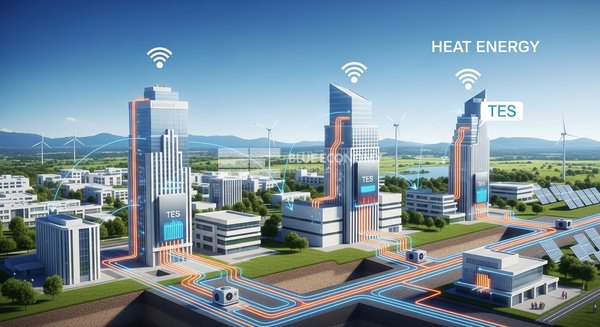 탄소중립 실현을 위한 열에너지 기술: 열펌프(Heat Pumps), 열에너지 저장 기술(TES), 지역난방 인프라 등 주요 친환경 열에너지 시스템 개념도 (생성이미지제작:청색경제뉴스)