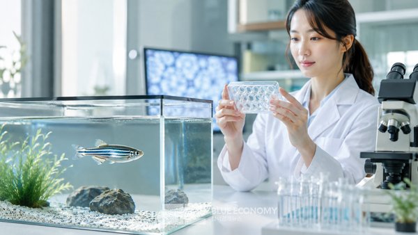 연구자가 여러 발달 단계의 제브라피쉬 배아를 관찰해 화학물질이 신경 발달에 미치는 영향을 분석하는 시험 장면. 생성형 AI로 제작한 이미지.